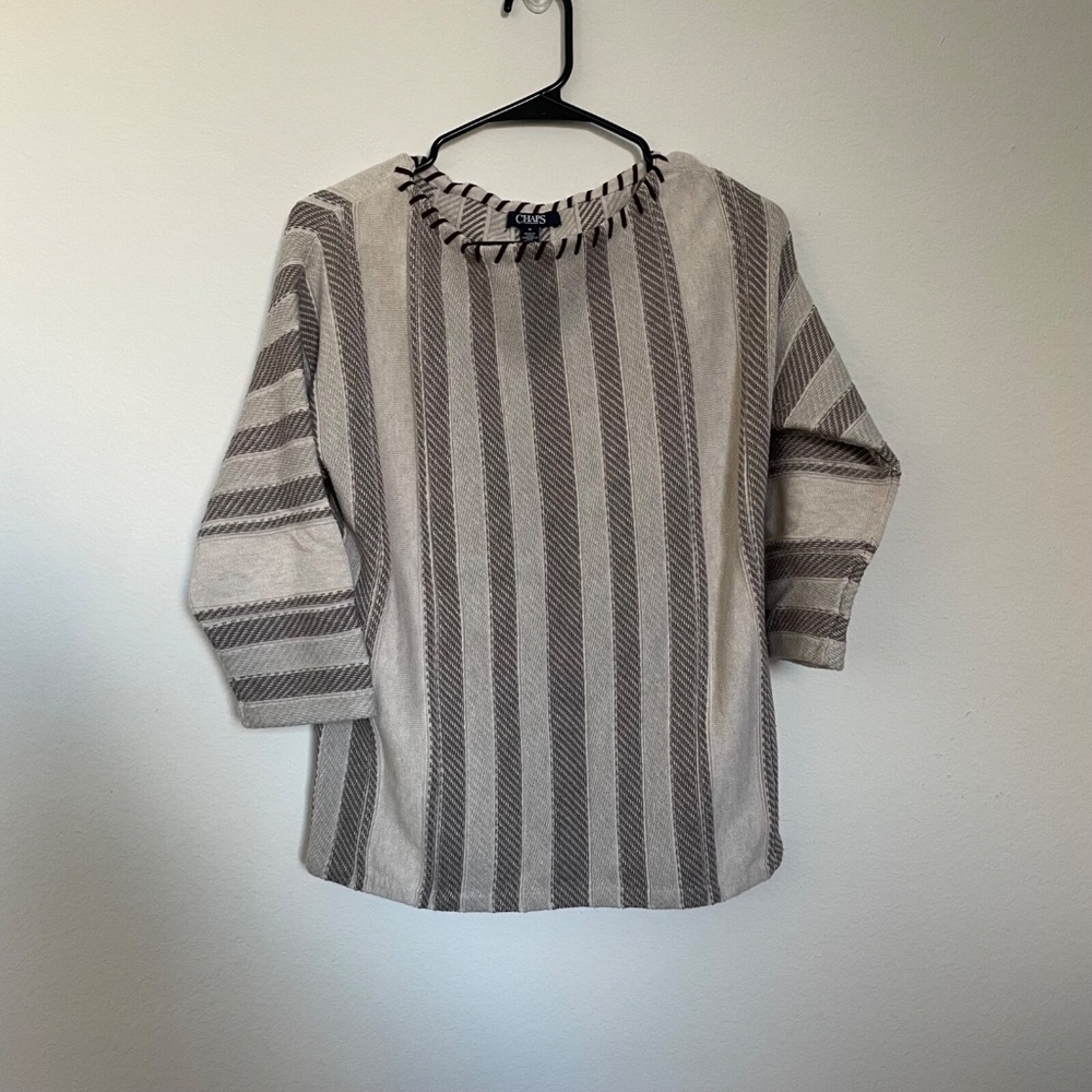 Chaps Women’s Sweater M Beige Taupe Stripe Pullover 3/4 Sleeve Cotton Blend Knit